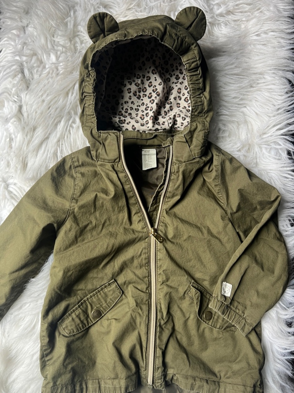 H&M Olive Green Bear Hooded Coat with Leopard Print Lining